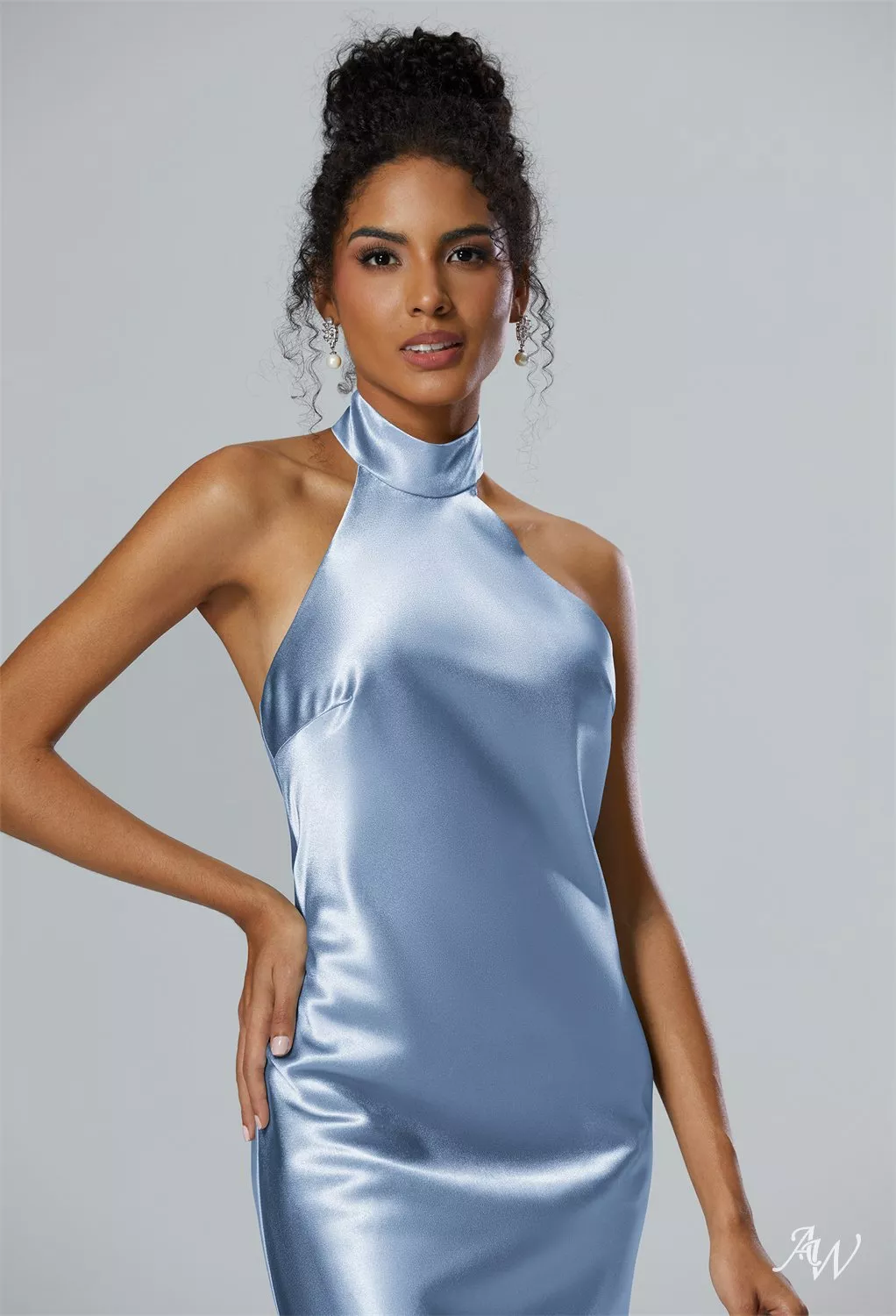 AW Mugwort Crystal Satin Baby Blue Bridesmaid Dresses | AW.Bridal